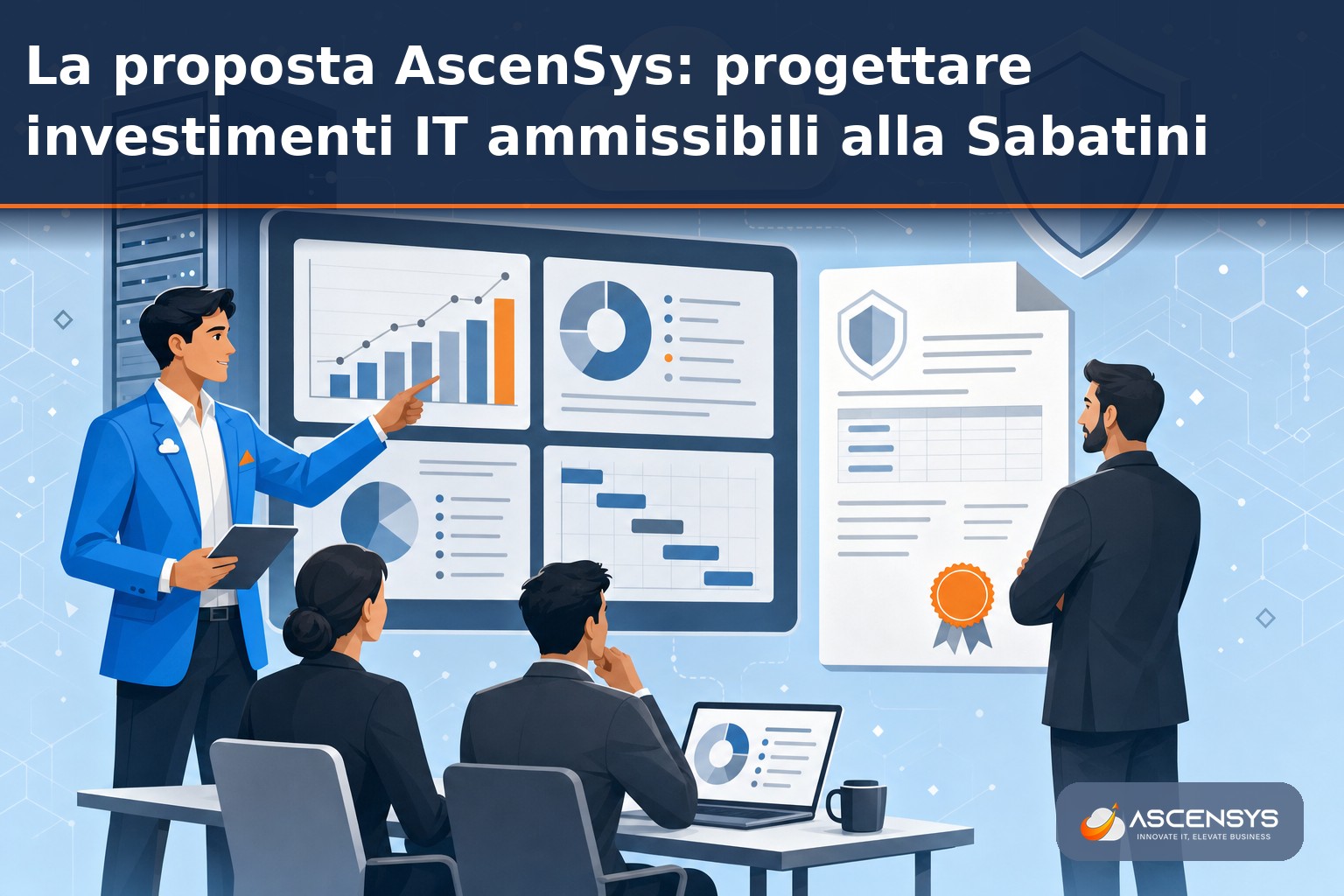 Consulente AscenSys e titolare di PMI di Torino esaminano il piano di investimento IT ammissibile alla Nuova Sabatini con server, cloud e cybersecurity