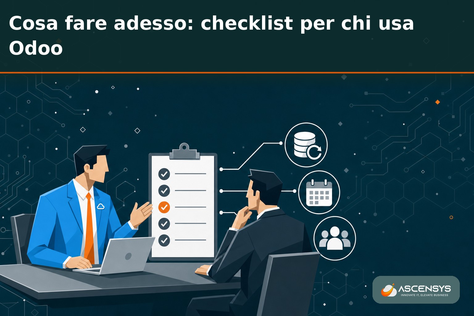 Consulente AscenSys e titolare di una PMI italiana verificano la checklist per il passaggio a Odoo 20 e la distinzione tra utenti pieni e utenti light
