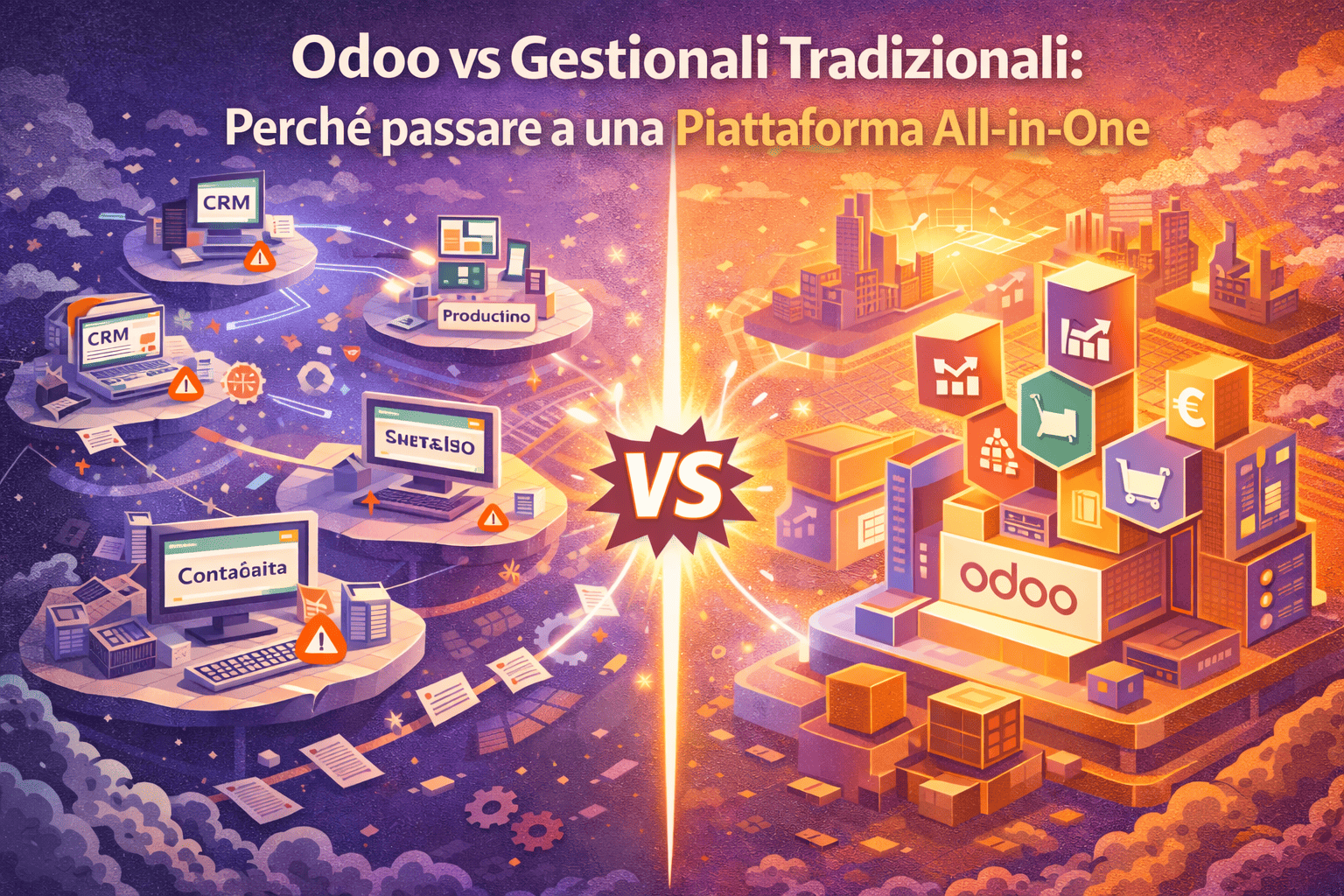 Confronto tra gestionali tradizionali frammentati e Odoo ERP all-in-one con moduli integrati e flussi digitali unificati