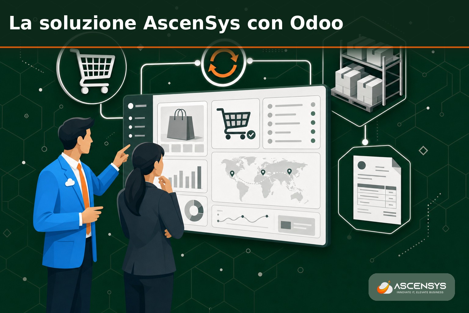 Team AscenSys configura un e-commerce integrato con Odoo per una PMI italiana: dashboard unica con negozio online, magazzino sincronizzato e fatturazione automatica