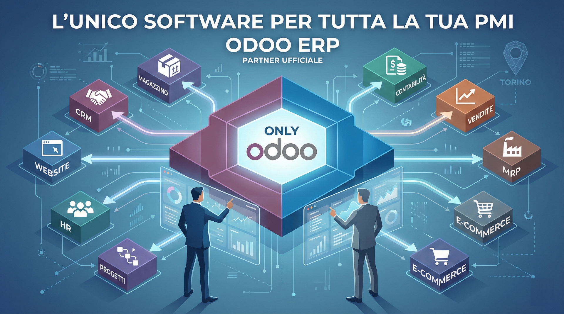 Piattaforma centralizzata Odoo ERP per la gestione unificata delle PMI con partner ufficiale AscenSys Torino.