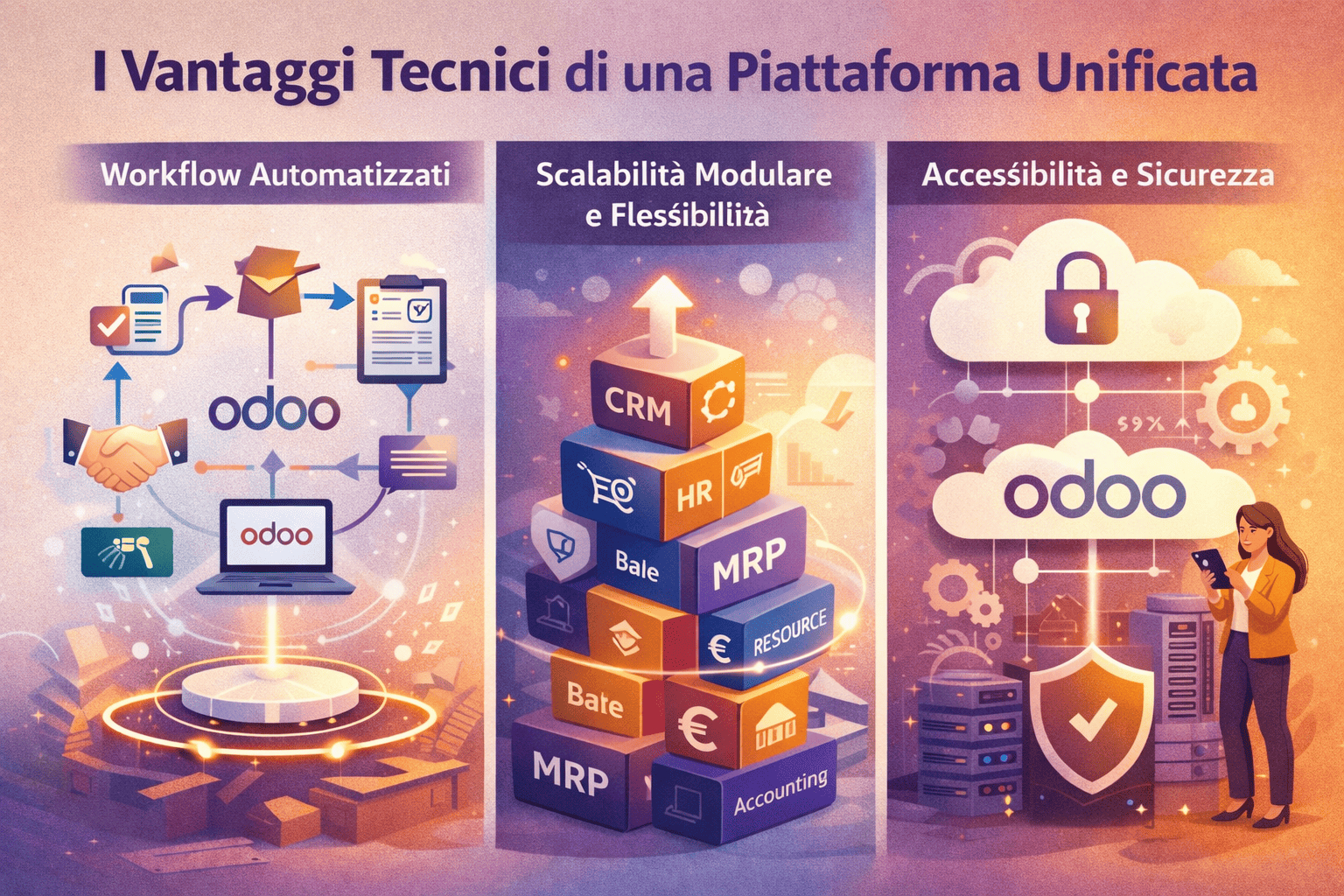 Vantaggi tecnici di Odoo ERP: workflow automatizzati, scalabilità modulare e accessibilità sicura in un'unica piattaforma integrata