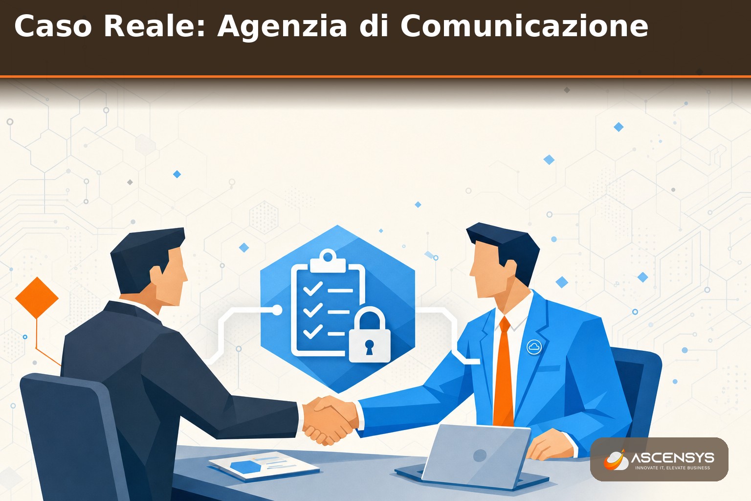 Agenzia di comunicazione di Torino con offboarding IT gestito da AscenSys: titolari e tecnico verificano la checklist di disattivazione account e recupero dispositivi