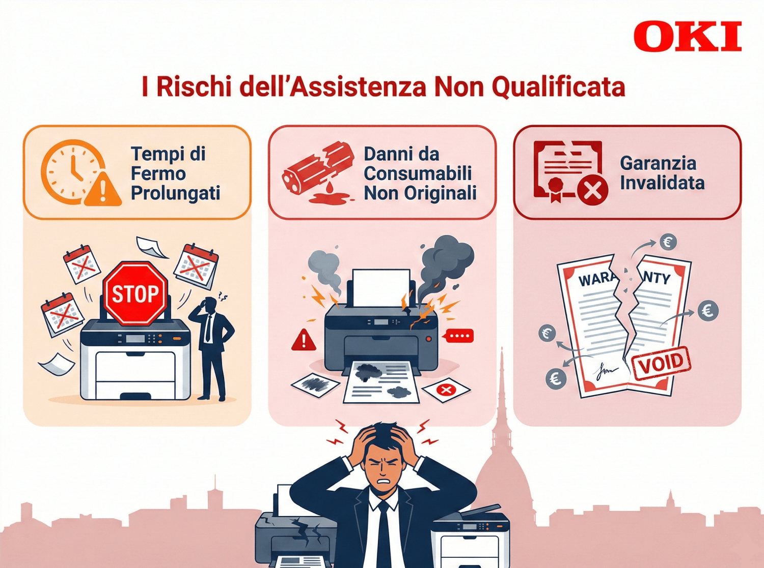 Rischi dell'assistenza non qualificata sulle stampanti OKI per studi professionali e PMI a Torino, con fermi macchina, danni da consumabili non originali e garanzia invalidata, spiegati da AscenSys Centro Assistenza Tecnica Ufficiale OKI