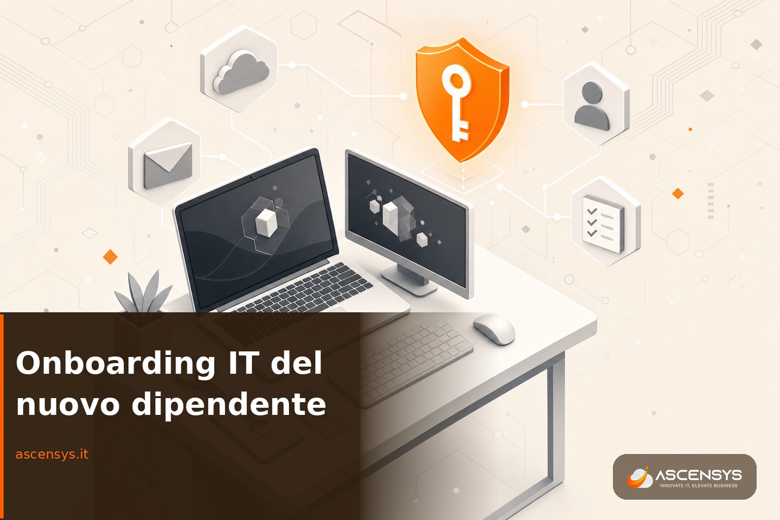 Illustrazione isometrica di una postazione IT pronta per un nuovo dipendente in una PMI di Torino: laptop, account e accessi configurati da AscenSys