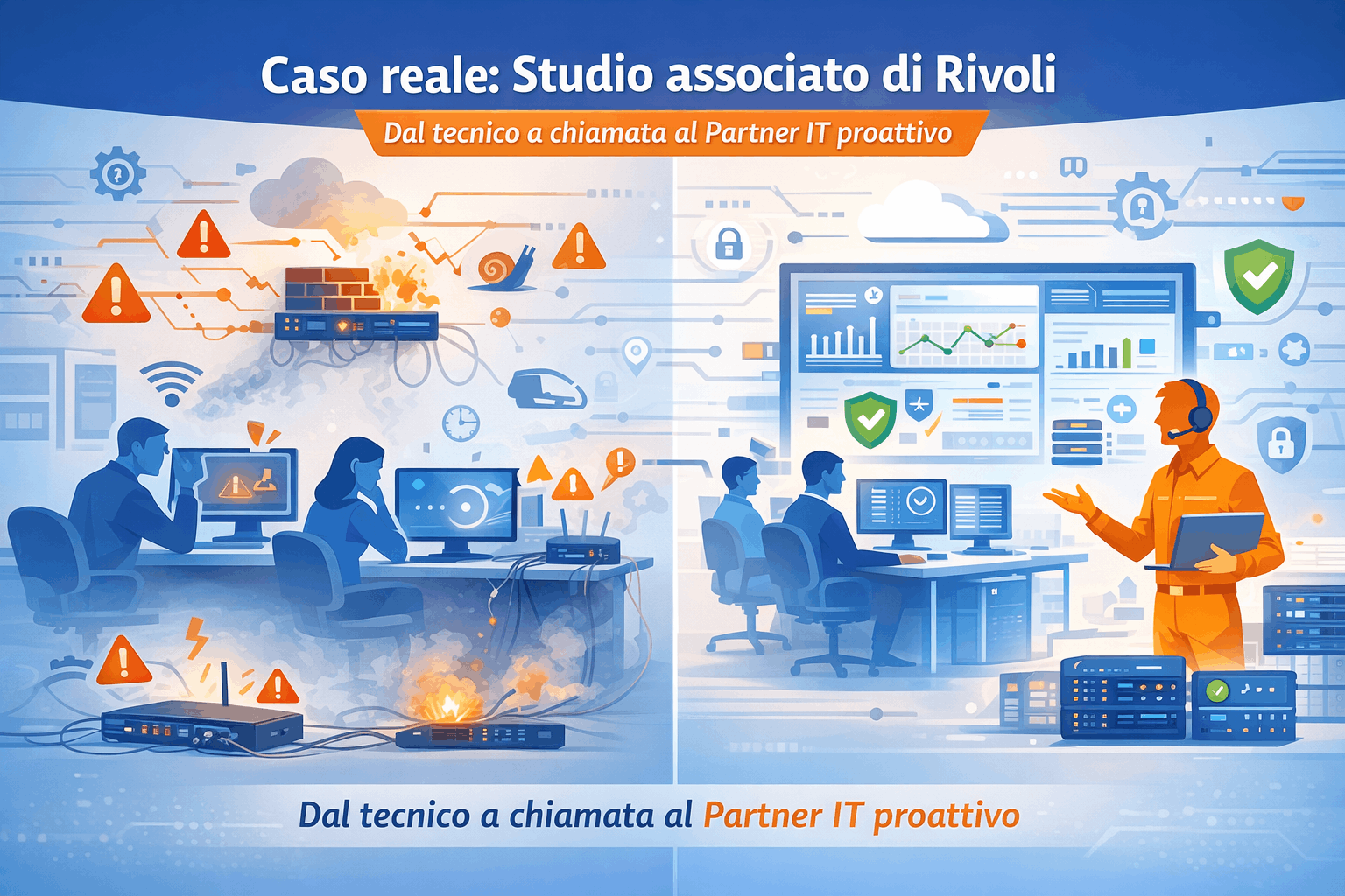 Caso reale di uno studio associato a Rivoli che passa dal tecnico a chiamata a un Partner IT proattivo con gestione e sicurezza continua