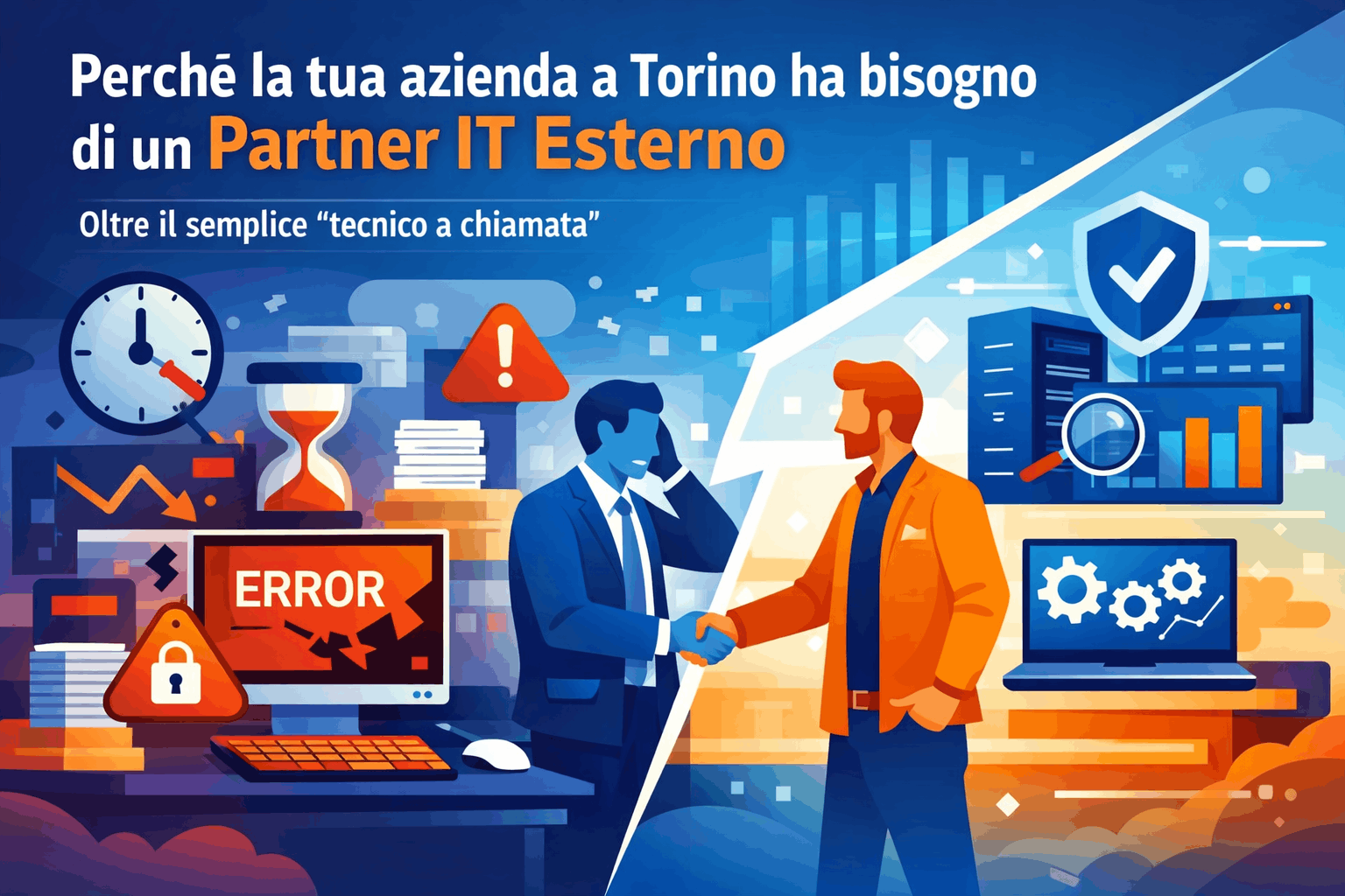 Partner IT esterno a Torino che affianca un'azienda nella gestione strategica dell'infrastruttura IT, superando il modello del tecnico a chiamata