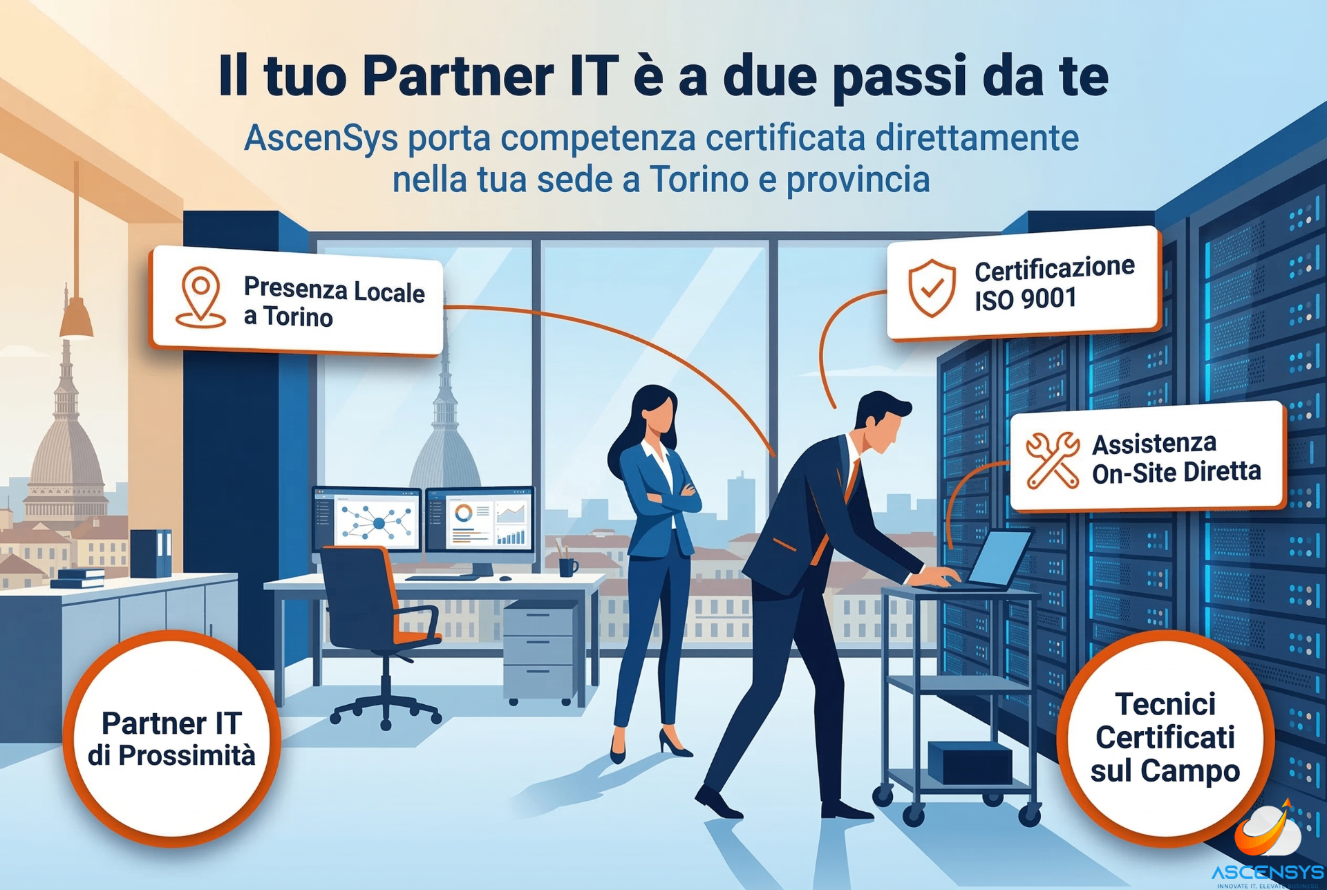 Illustrazione che confronta lo stress dell'assistenza IT remota con la rapiditĂ del tecnico AscenSys a Torino che risolve un problema hardware.