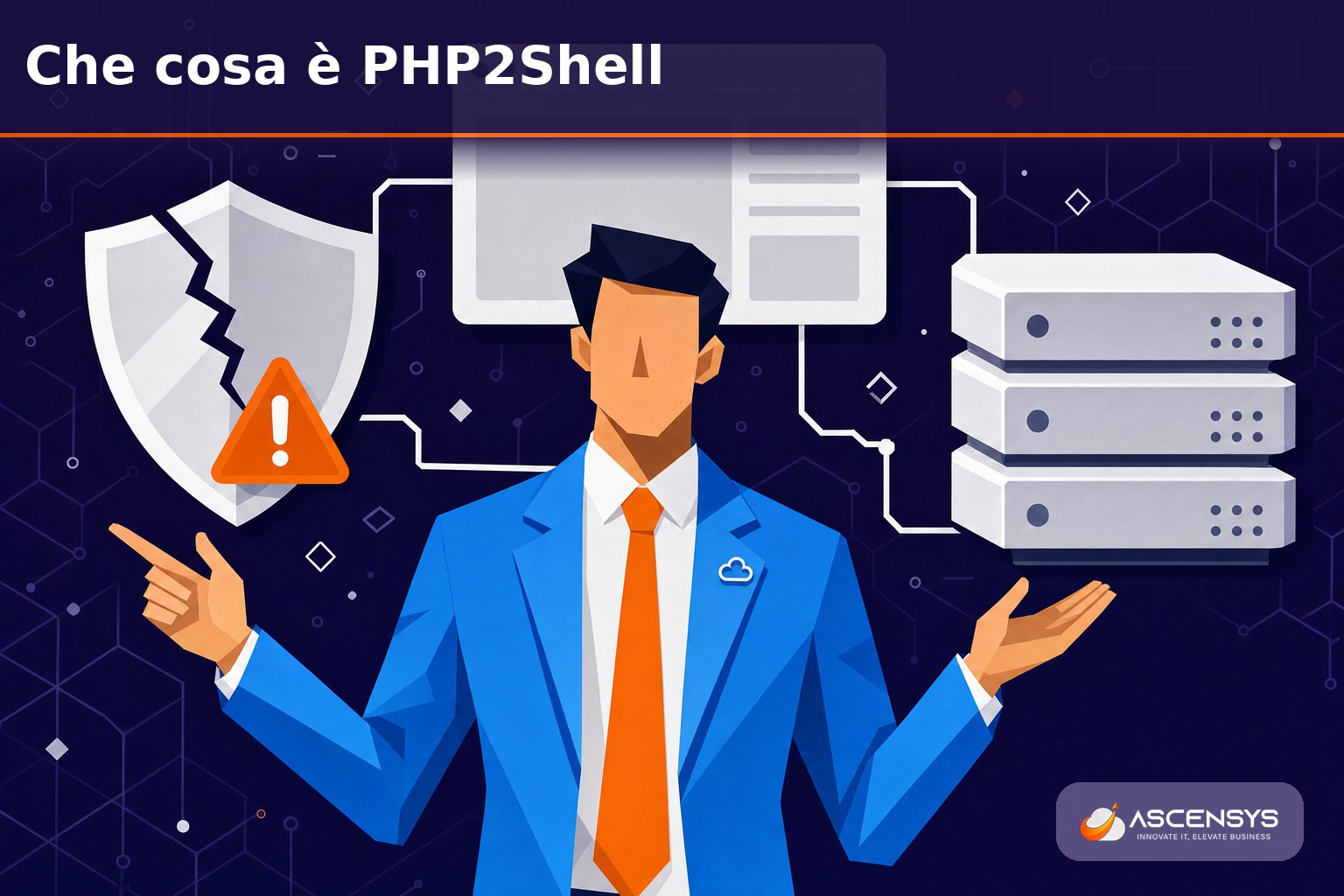 Consulente AscenSys spiega a un imprenditore di Torino che cosa è la vulnerabilità PHP2Shell e quali sistemi aziendali sono coinvolti