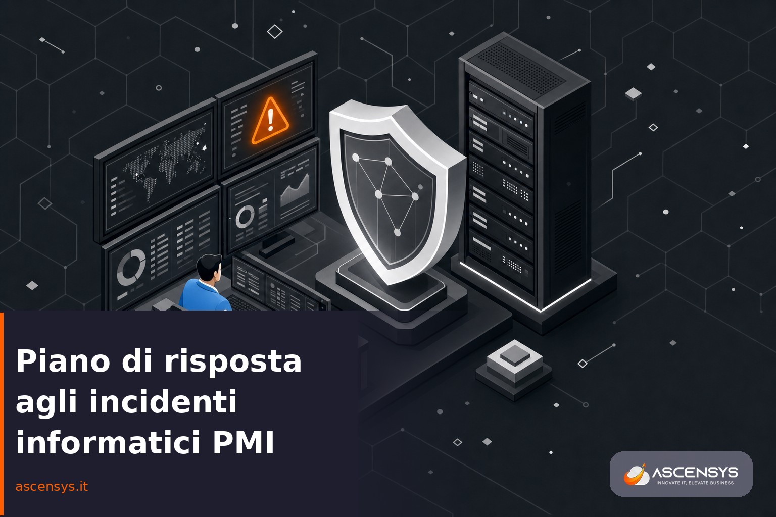 Sala operativa di sicurezza informatica di una PMI di Torino durante la gestione di un incidente, con schermi di monitoraggio e allerta attiva