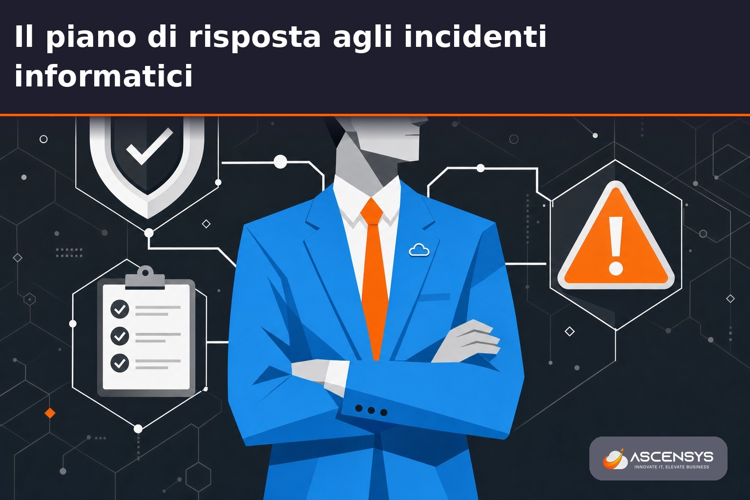 Consulente AscenSys illustra a una PMI di Torino le fasi del piano di risposta agli incidenti informatici davanti a una dashboard di sicurezza