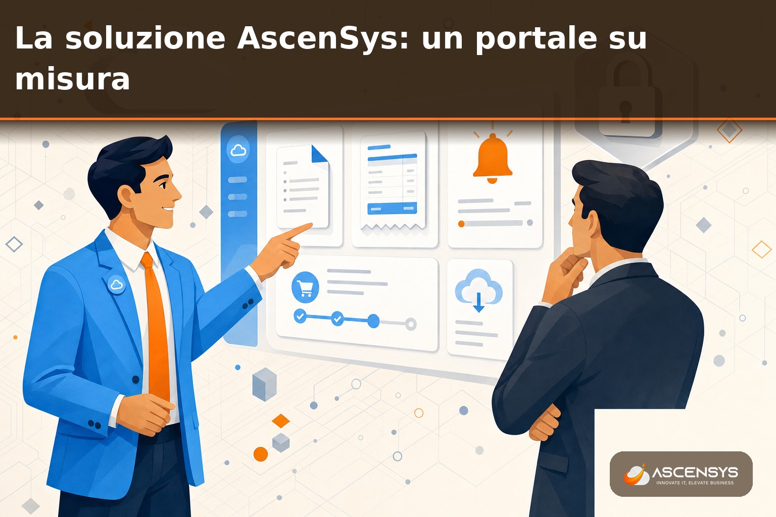 Team AscenSys e cliente di una PMI di Torino configurano un portale clienti su misura con documenti, fatture, stato ordini e ticket in self-service