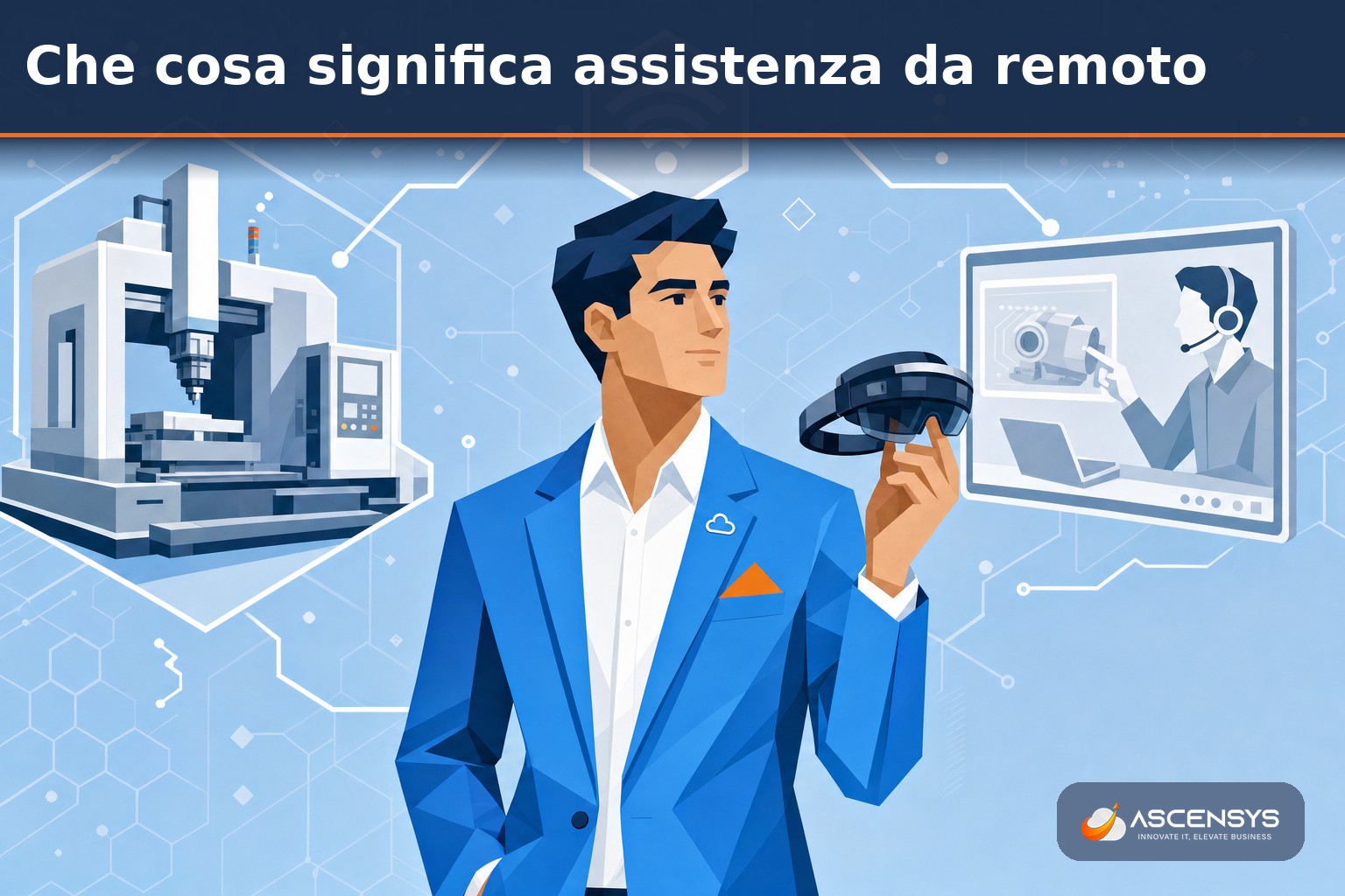 Consulente AscenSys mostra a un costruttore di macchine come un visore RealWear permette di assistere da remoto gli impianti installati presso i clienti