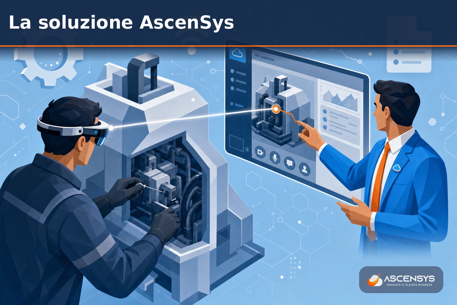 Tecnico di un costruttore di macchine indossa un visore RealWear mentre un esperto AscenSys lo guida da remoto nella diagnosi di un impianto industriale