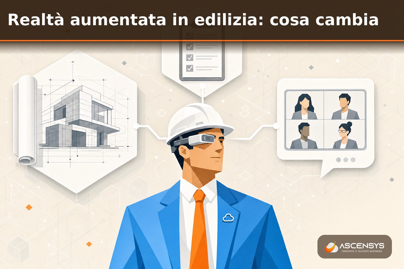 Tecnico AscenSys mostra il visore RealWear a comando vocale per sopralluoghi e collaudi a mani libere in un cantiere edile in Italia