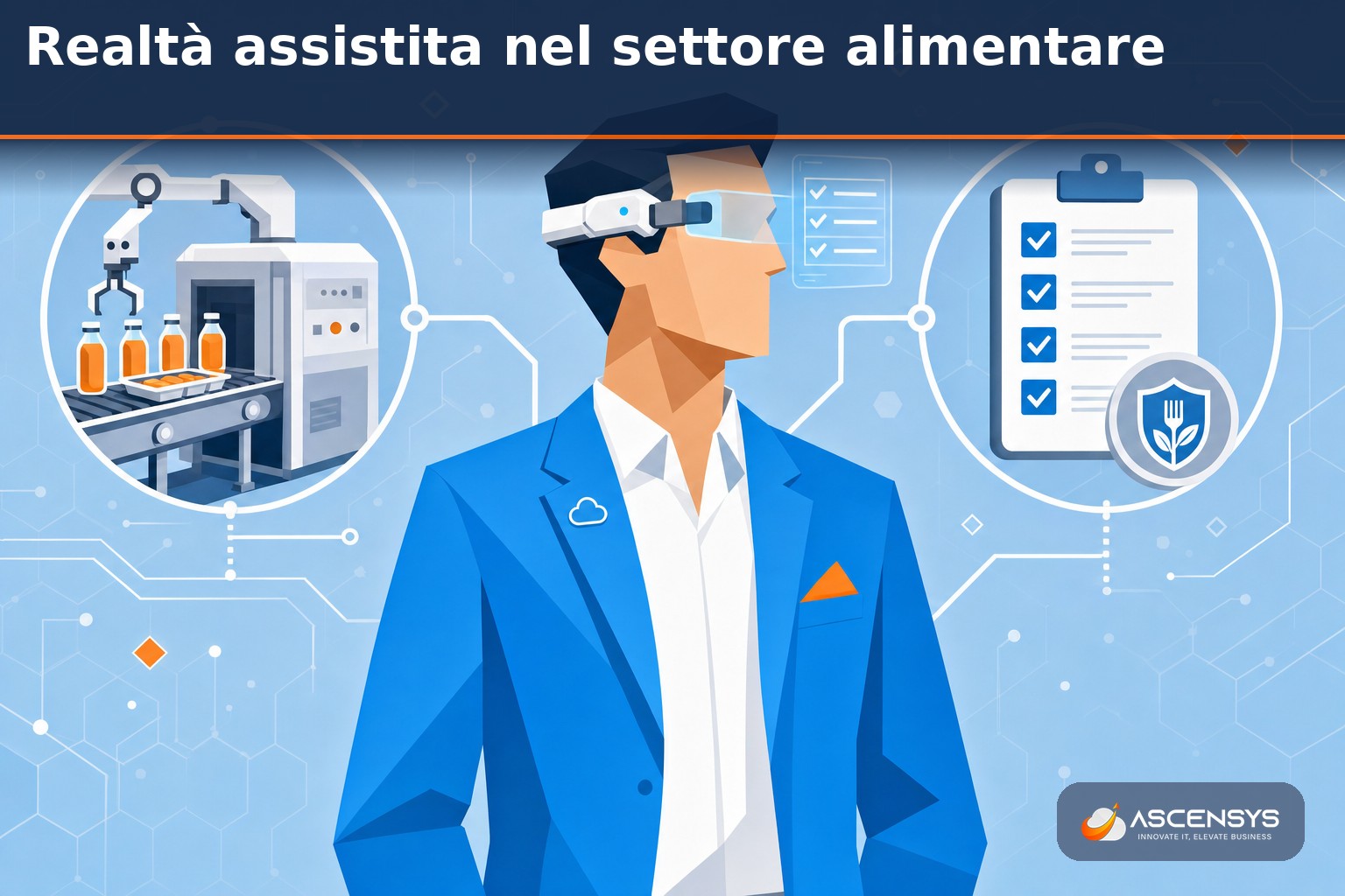 Tecnico AscenSys mostra il visore RealWear a comando vocale a un operatore di una azienda alimentare italiana per il controllo qualità a mani libere in produzione