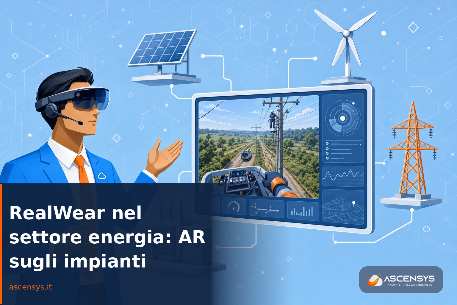 Visore RealWear a realtà aumentata per la manutenzione degli impianti nel settore energia: un tecnico lavora a mani libere guidato da un esperto remoto in Italia