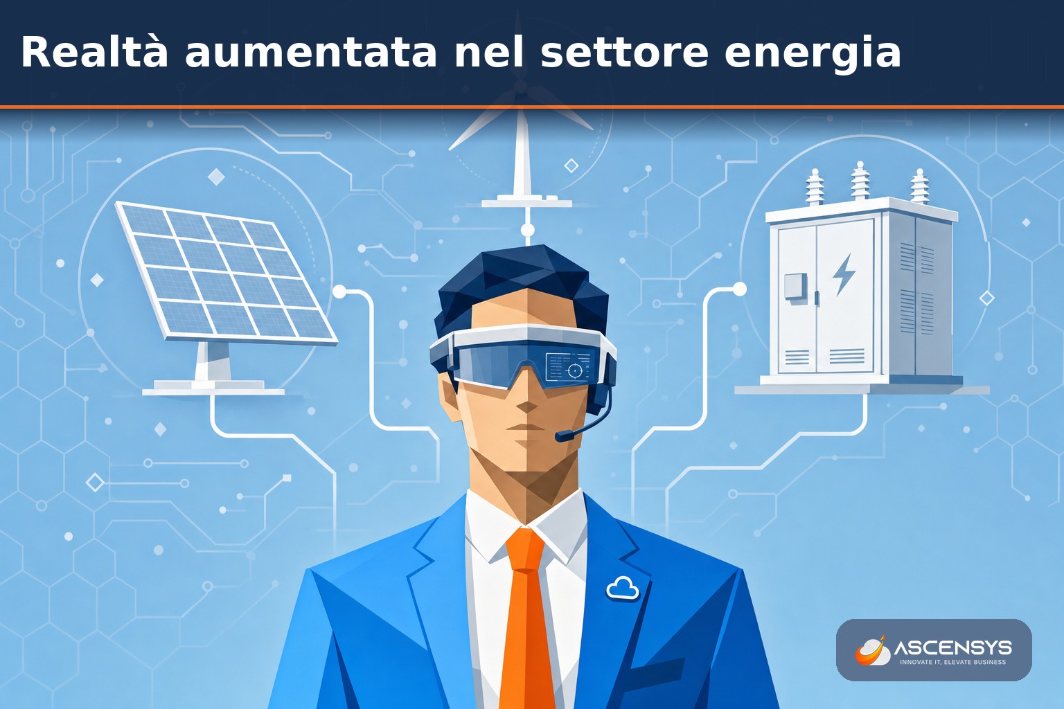 Tecnico AscenSys mostra il visore RealWear a comando vocale per la manutenzione a mani libere degli impianti nel settore energia con supporto remoto in Italia