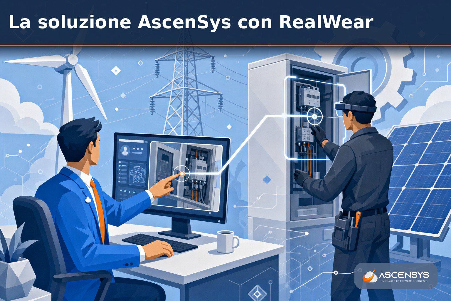 Team AscenSys configura i visori RealWear per un'azienda del settore energia: un esperto remoto guida un tecnico sul campo durante la manutenzione di un impianto