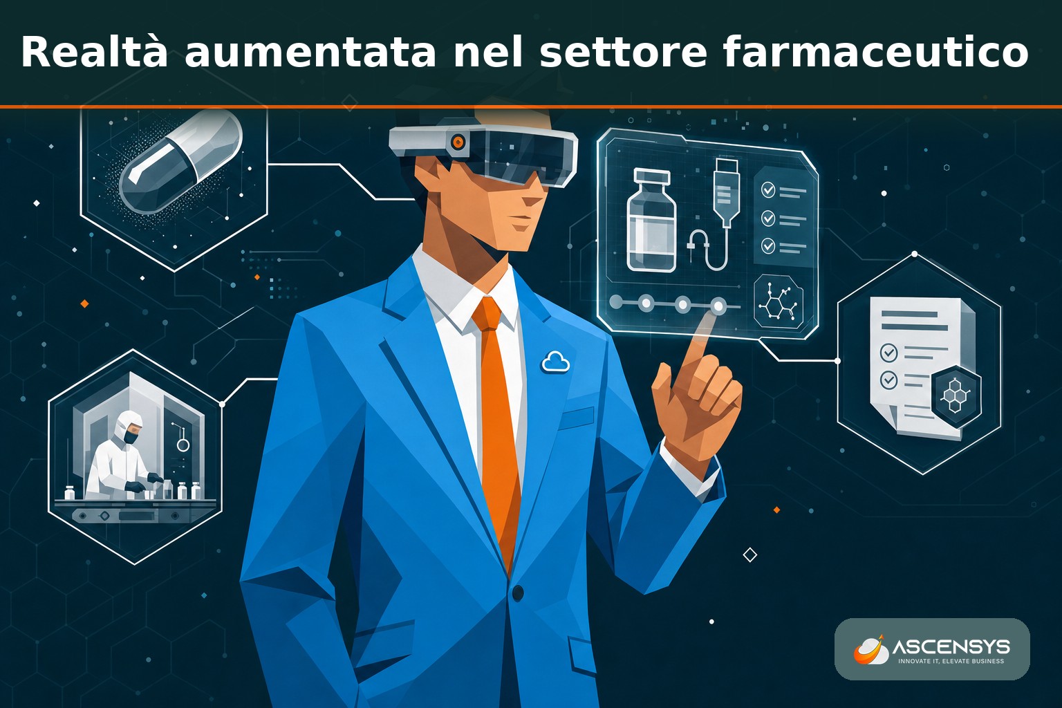 Tecnico AscenSys mostra il visore RealWear a comando vocale a un operatore di una azienda farmaceutica italiana per lavorare a mani libere in camera bianca