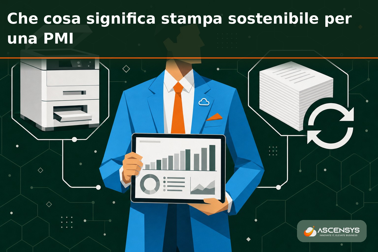 Consulente AscenSys mostra a un imprenditore di Torino un report dei consumi di stampa per ridurre gli sprechi di carta e toner