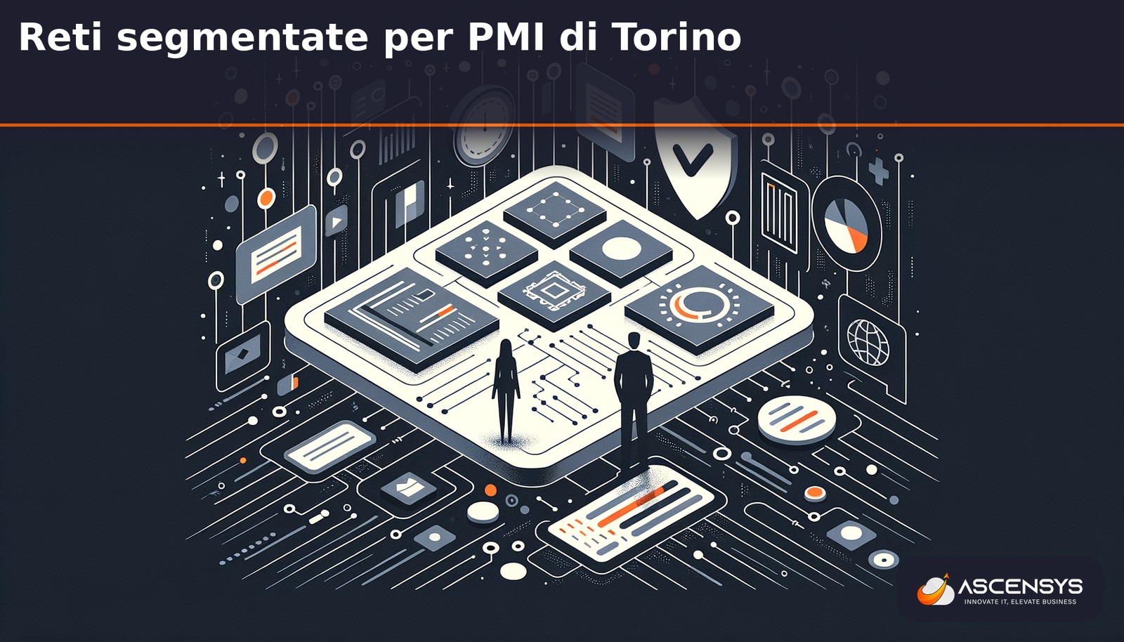 Tecnico AscenSys progetta architettura di rete segmentata con VLAN per una PMI di Torino: dashboard di monitoraggio firewall, switch managed e access point Wi-Fi enterprise