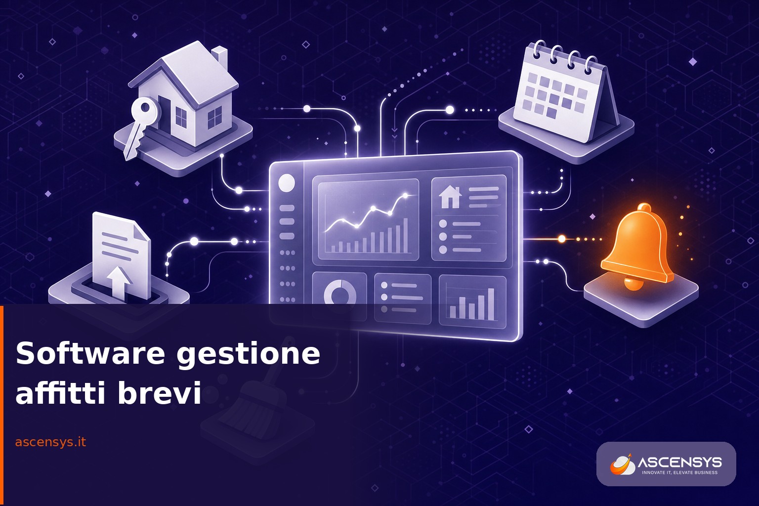 Software di gestione affitti brevi: dashboard, casa con chiave, documento e notifiche in stile illustrazione che rappresentano l'automazione di check-in, Alloggiati Web e pulizie per host italiani
