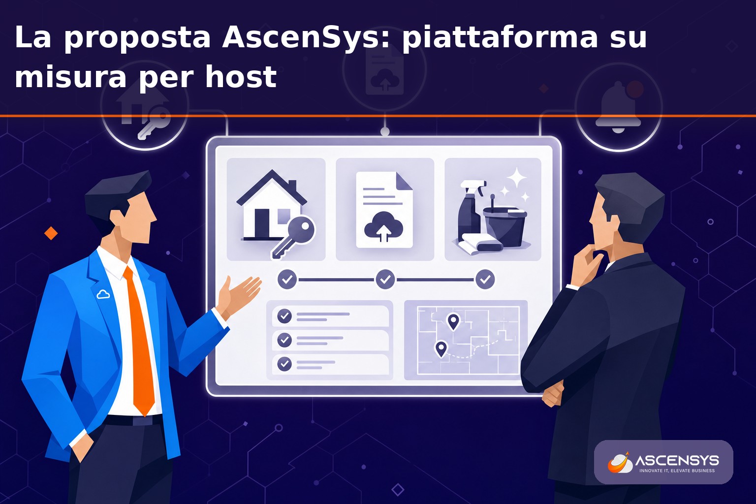 Consulente AscenSys e host esaminano la dashboard di una piattaforma su misura che automatizza self check-in, caricamento Alloggiati Web e ISTAT e gestione pulizie