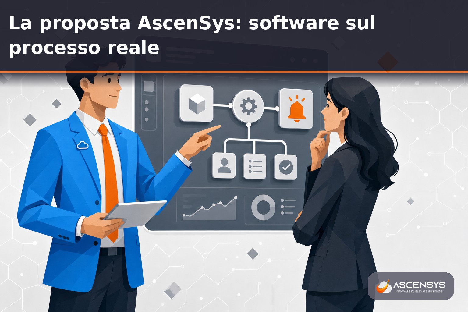 Consulente AscenSys e cliente analizzano una dashboard di software su misura che automatizza il flusso di lavoro di una PMI di Torino