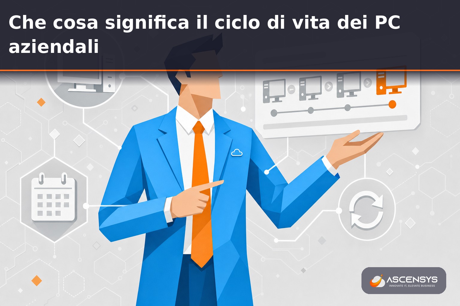 Consulente AscenSys mostra a un imprenditore di Torino il piano di rinnovo programmato dei PC aziendali su una dashboard del parco macchine