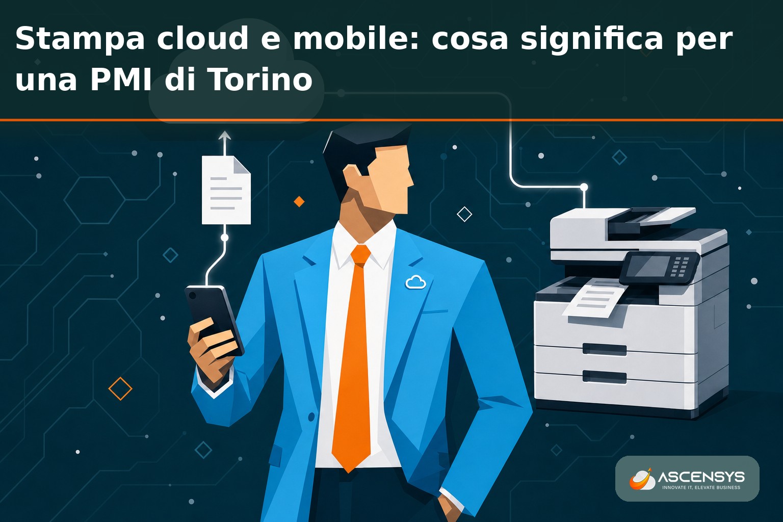 Consulente AscenSys mostra a una PMI di Torino come stampare da laptop e smartphone tramite una piattaforma di stampa cloud senza print server locale