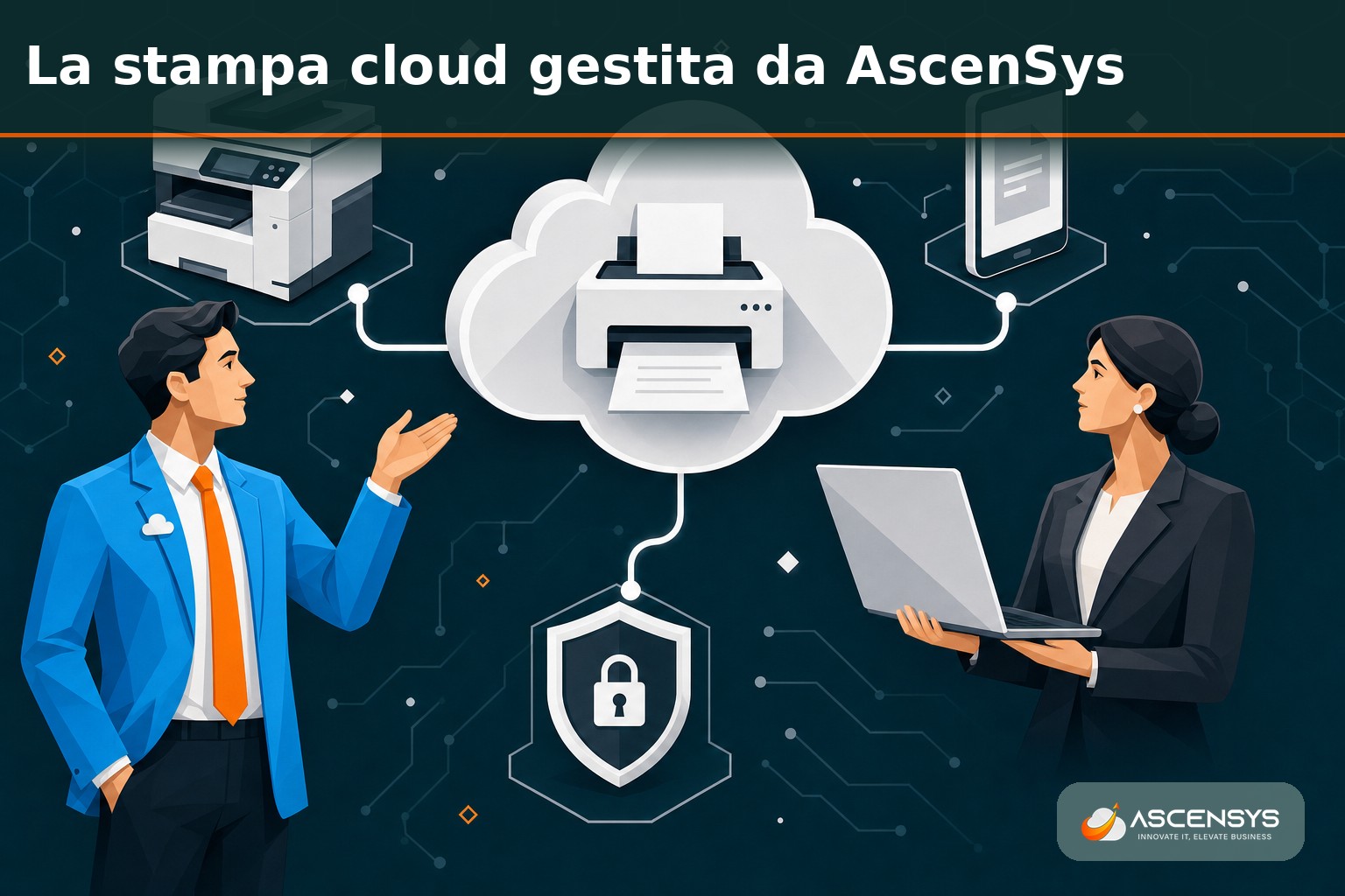 Team AscenSys di Torino configura una piattaforma di stampa cloud per una PMI: stampa da smartphone e laptop instradata a multifunzione OKI senza print server
