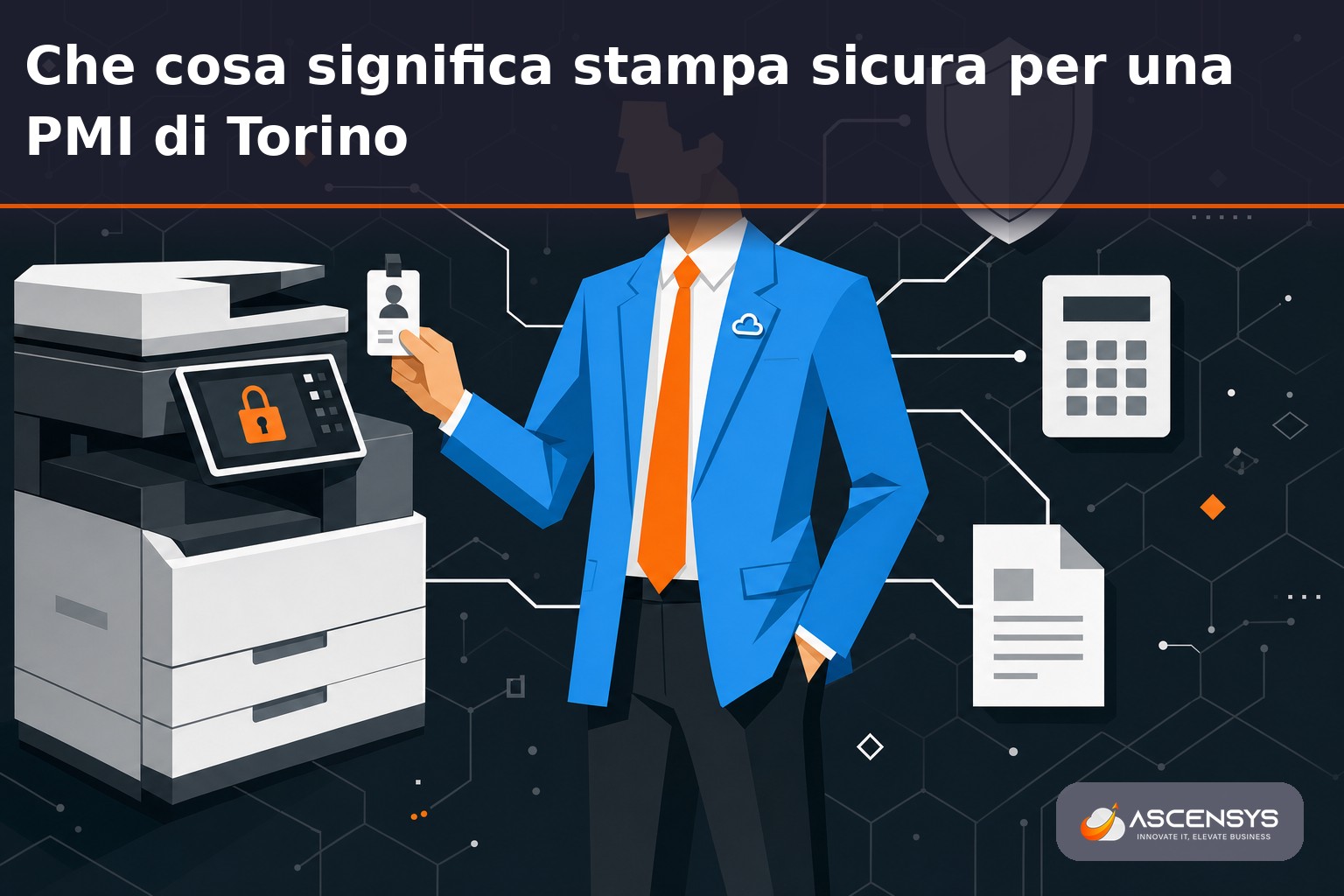 Consulente AscenSys mostra a un imprenditore di Torino come ritirare una stampa sicura autenticandosi con il badge sulla multifunzione