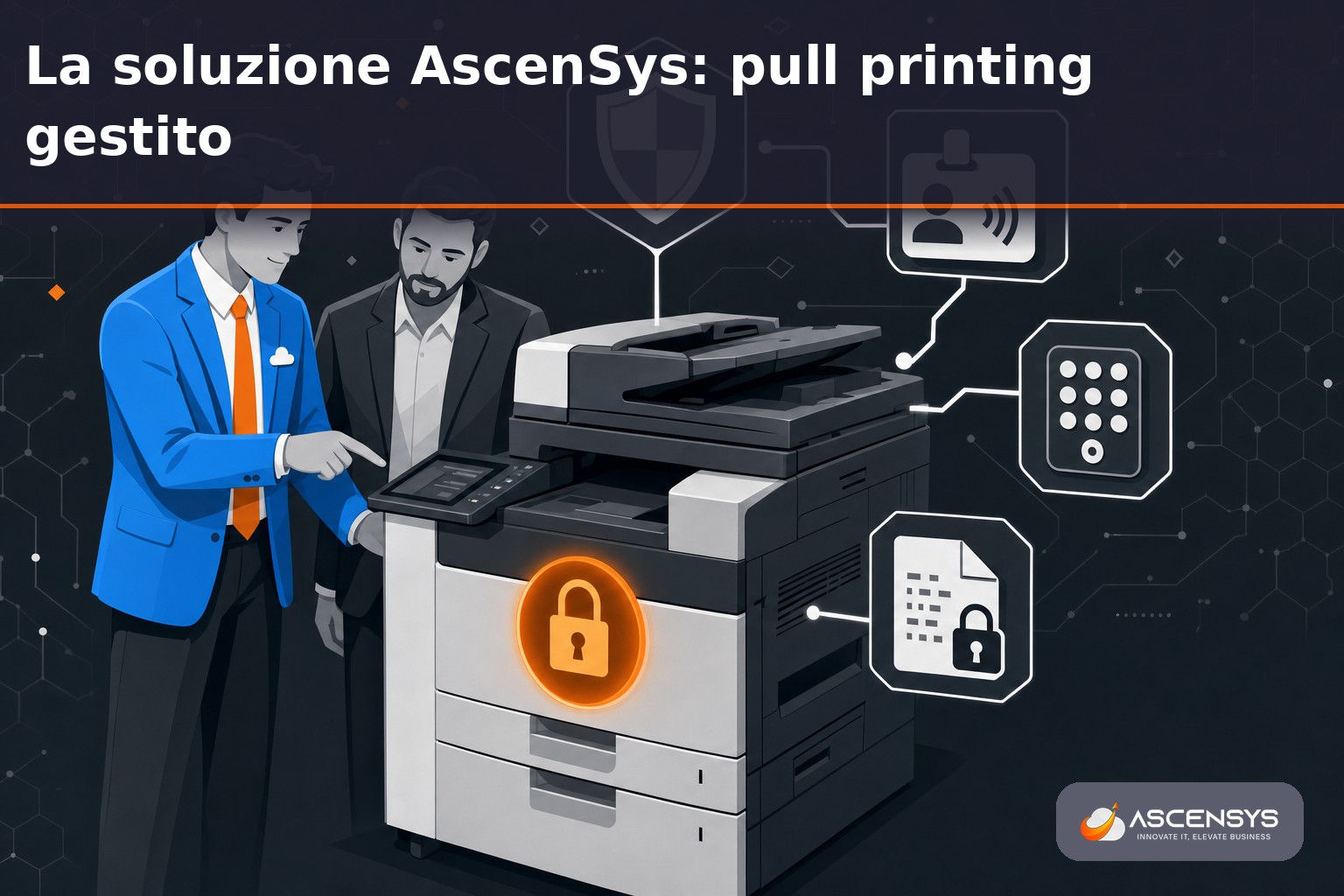 Consulente AscenSys configura il rilascio autenticato della stampa su una multifunzione di una PMI di Torino insieme al responsabile ufficio