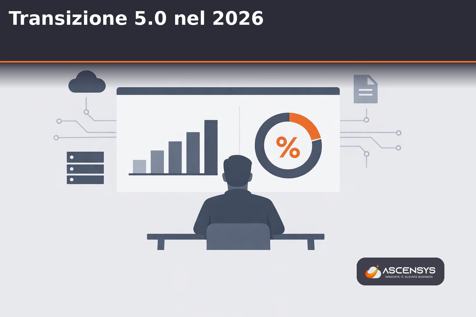 Imprenditore PMI di Torino legge la guida Transizione 5.0 per il credito imposta 2026 su investimenti IT cloud, ERP e cybersecurity