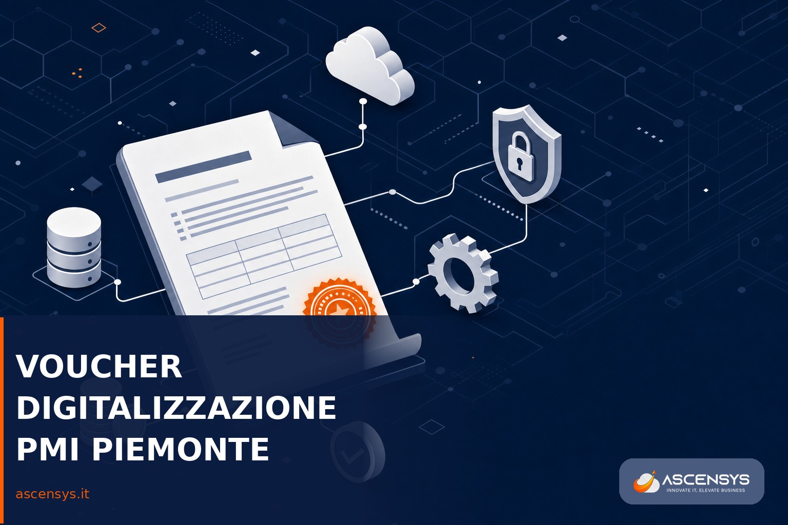 Illustrazione del bando Voucher digitalizzazione PMI Piemonte 2026 con contributo a fondo perduto per tecnologie digitali cloud e cybersecurity