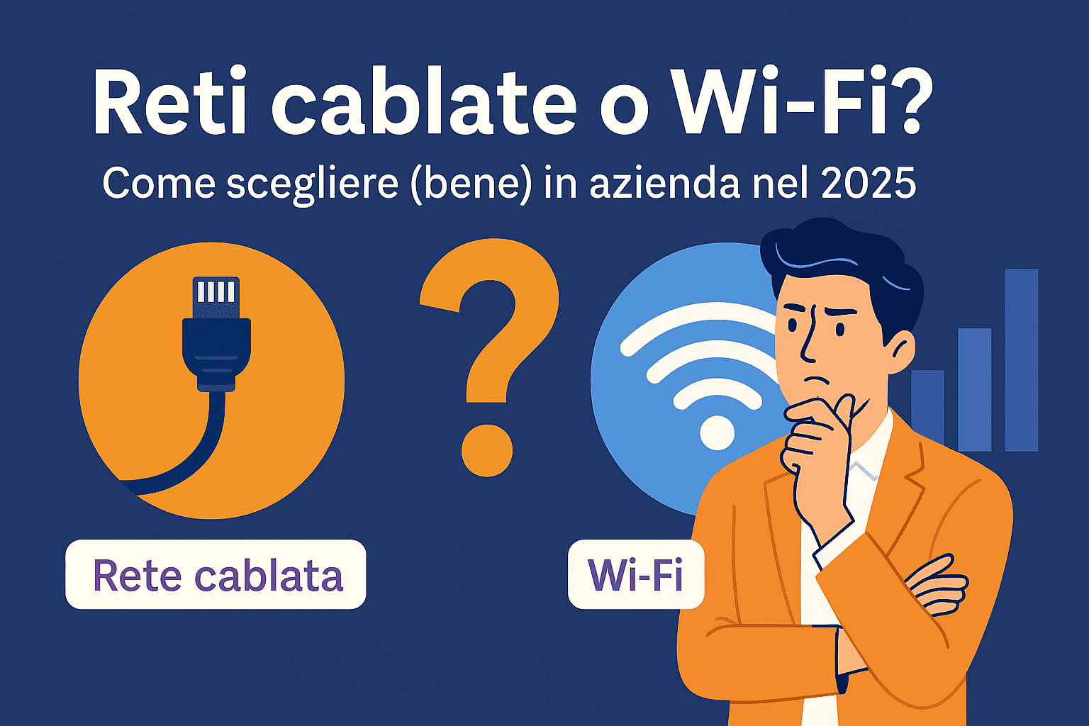 Illustrazione che mostra la scelta tra rete cablata e Wi-Fi in azienda nel 2025