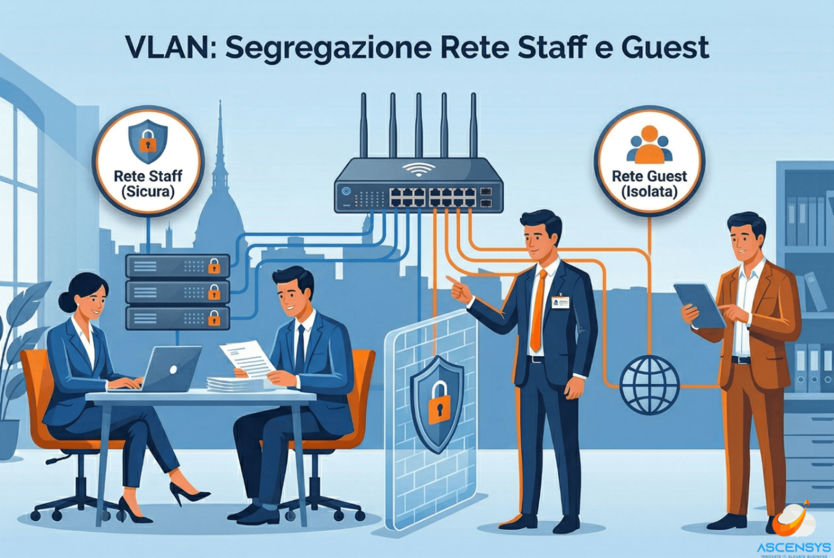 Consulente AscenSys presenta a Torino soluzione VLAN per Wi-Fi 6, separando rete staff sicura e rete guest isolata.