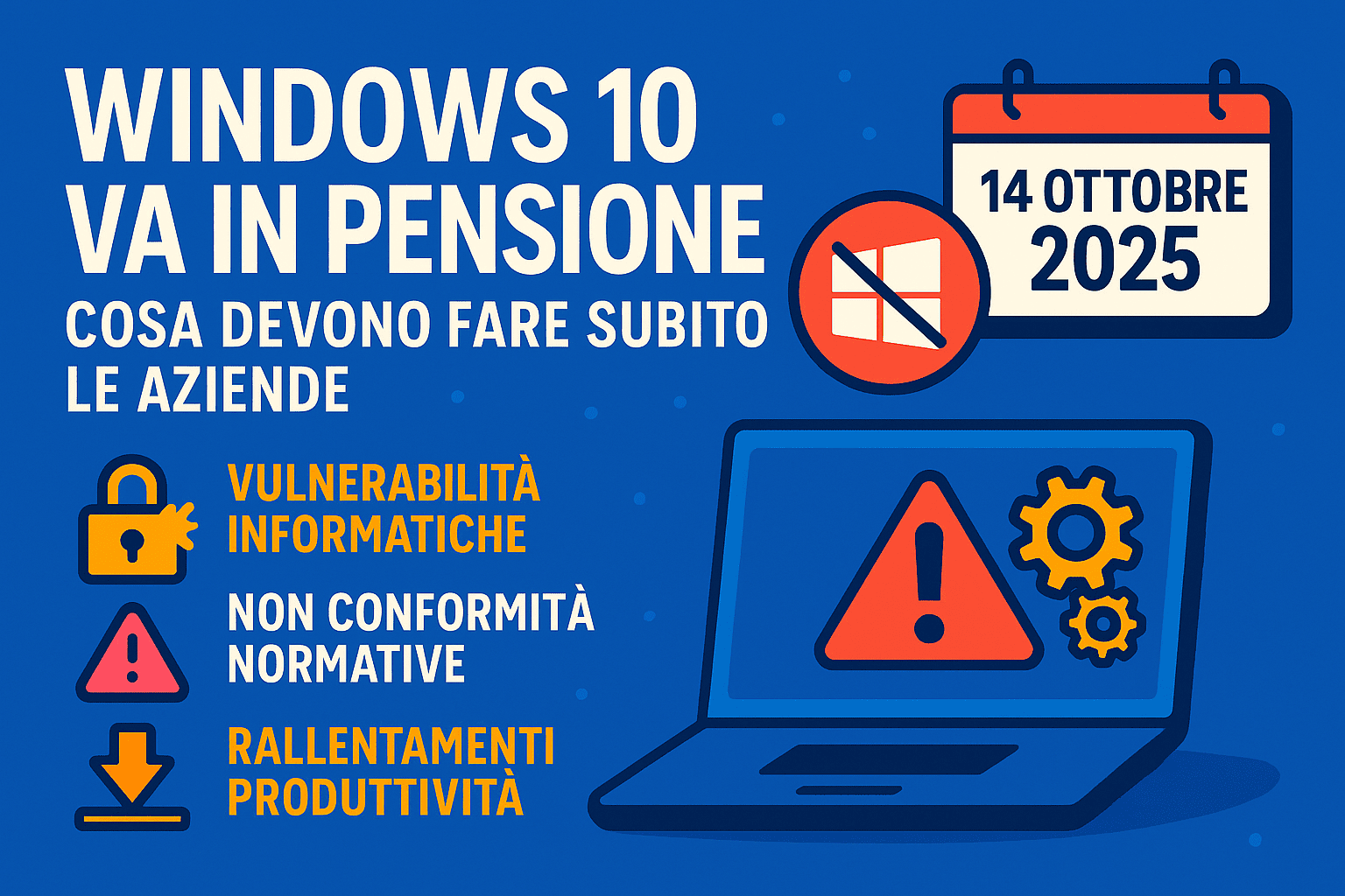 Fine supporto Windows 10 con avvisi di rischio sicurezza e conformità