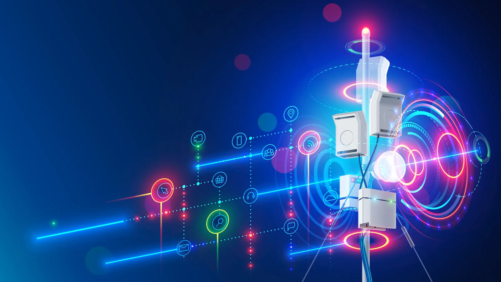 Antenne Wi-Fi su palo con onde di segnale: rappresentazione della diffusione della connessione nelle reti SD-WAN