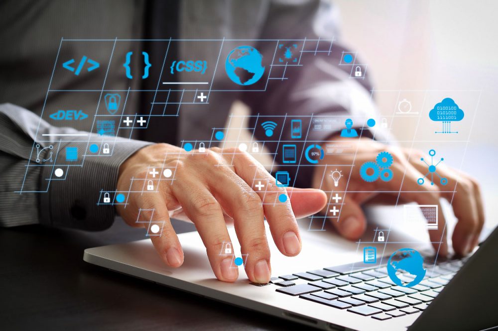 Concetto visivo di software rigido e workflow frammentato: icone software scollegate e flussi interrotti tra reparti aziendali