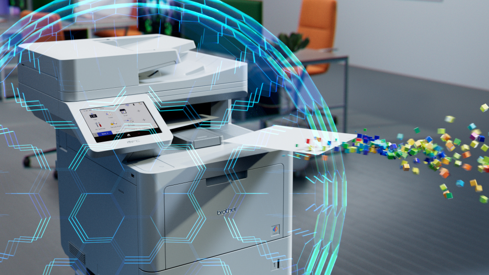 Stampante protetta da uno scudo digitale: simbolo di sicurezza dei documenti e controllo degli accessi alla stampa