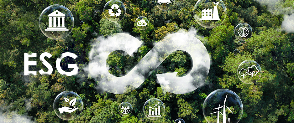 Visual ESG con icone ambientali, sociali e di governance affiancate a un operatore che utilizza RealWear sul campo