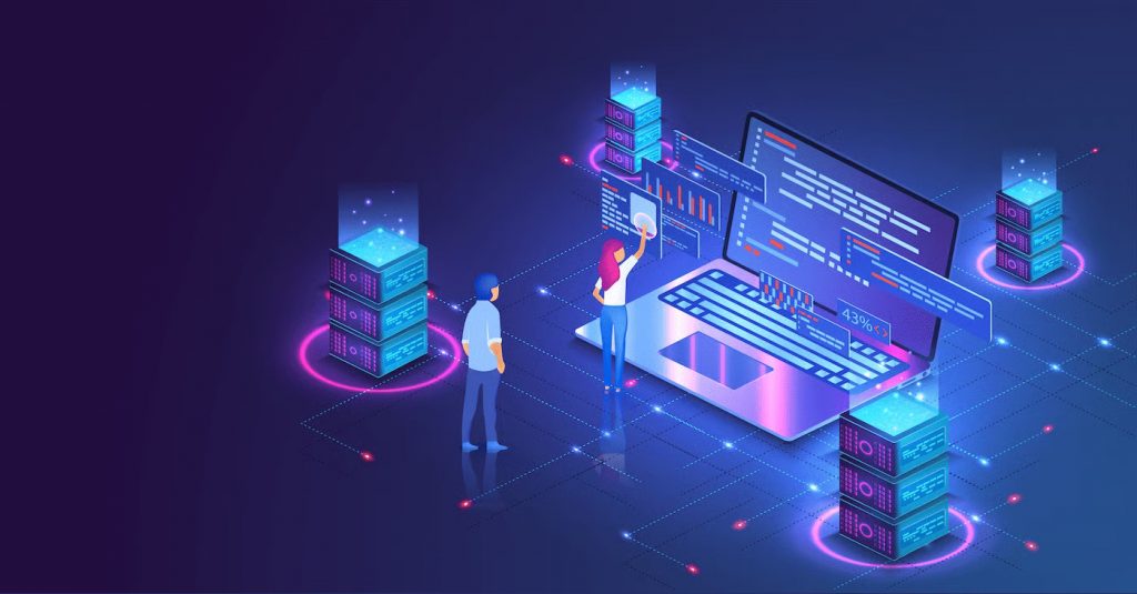 Data center moderno con interfaccia grafica su schermo che mostra ambienti virtuali flessibili e sicuri