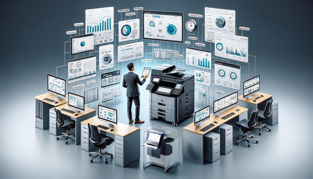 Stampante multifunzione moderna avvolta da un’interfaccia digitale trasparente con grafici, badge RFID e simboli di sicurezza e sostenibilità