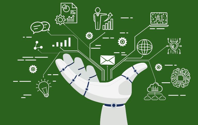 Interfaccia visiva di un sistema automatizzato che gestisce richieste, risposte, documenti e workflow, con simboli chiari e flussi digitali in movimento
